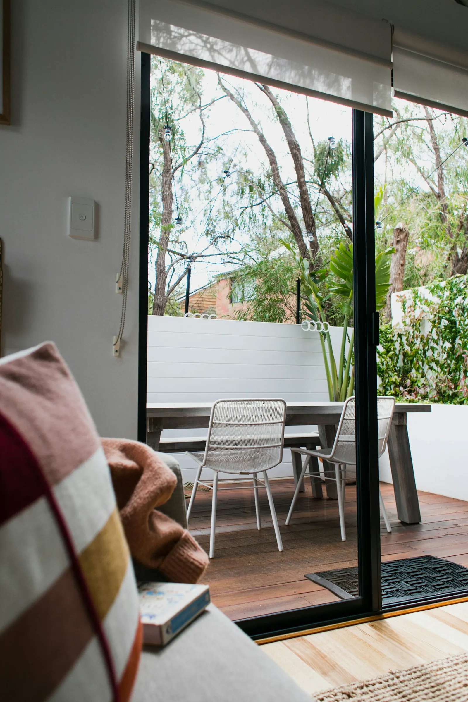 Sliding glass door with waterfront view after installation
