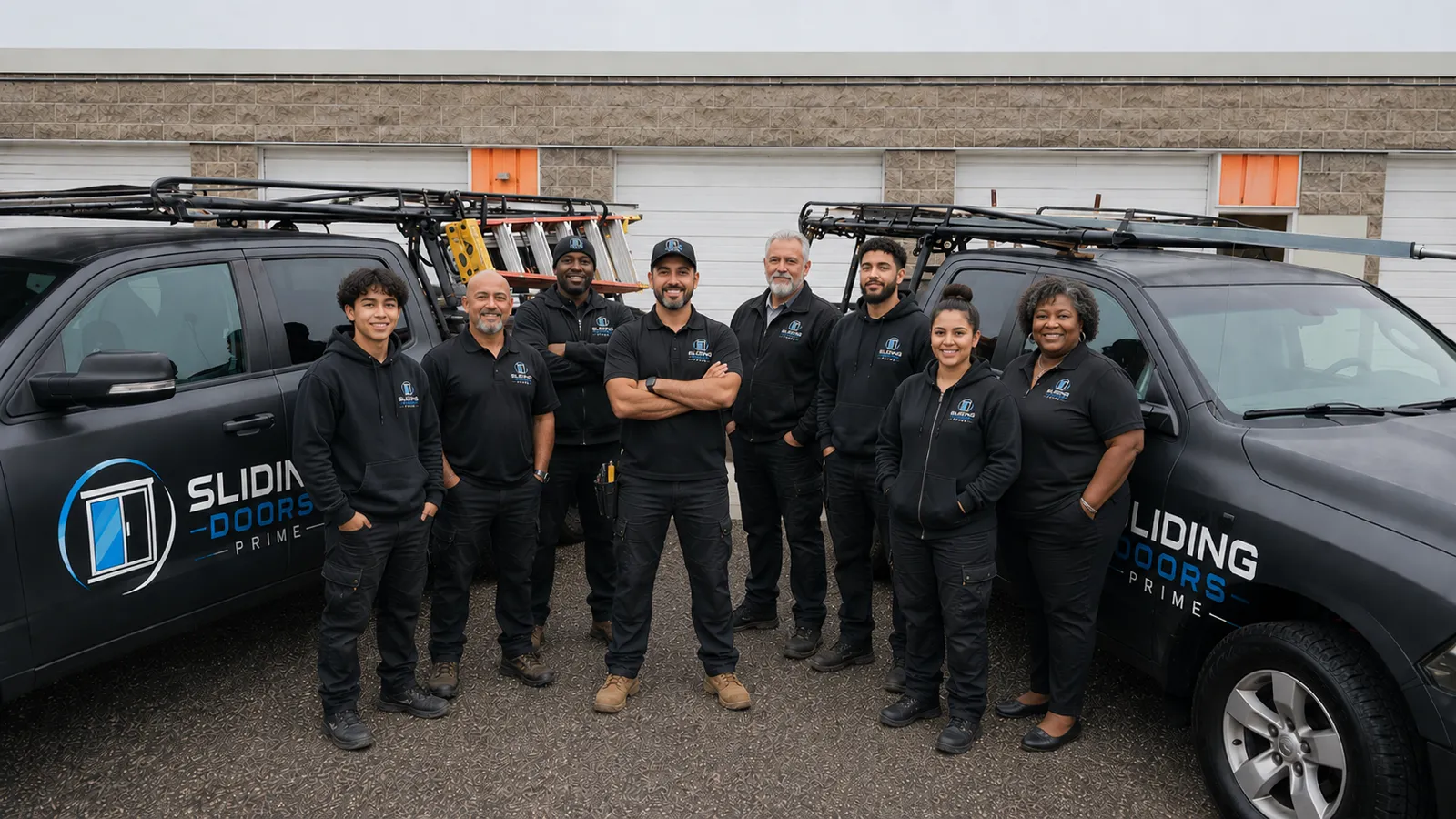 The Sliding Doors Prime team in front of branded service vehicles in Jacksonville FL